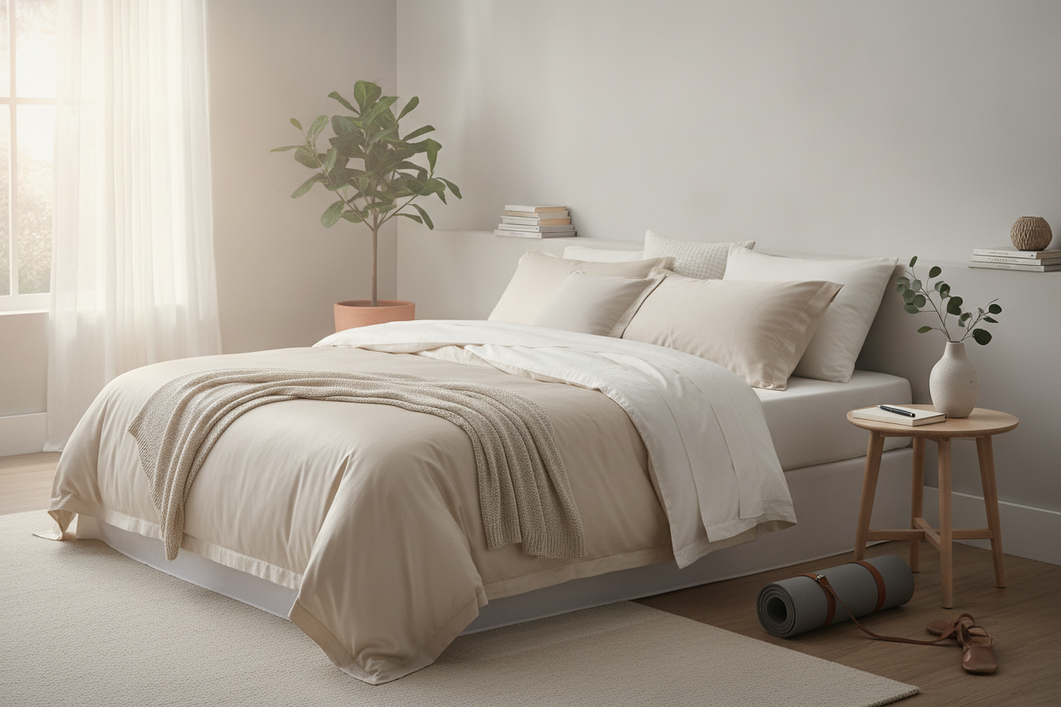 Sunday reset routine with silk bedding in a calm bedroom