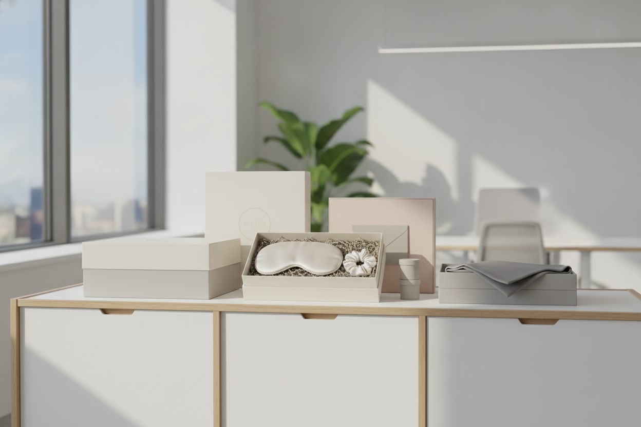 Premium silk sleep accessories arranged in a polished corporate gift setting