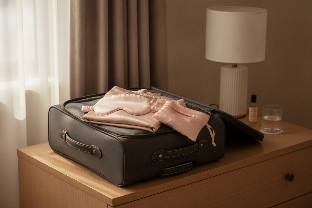 Silk sleep essentials on a travel bag for a comfort-focused routine