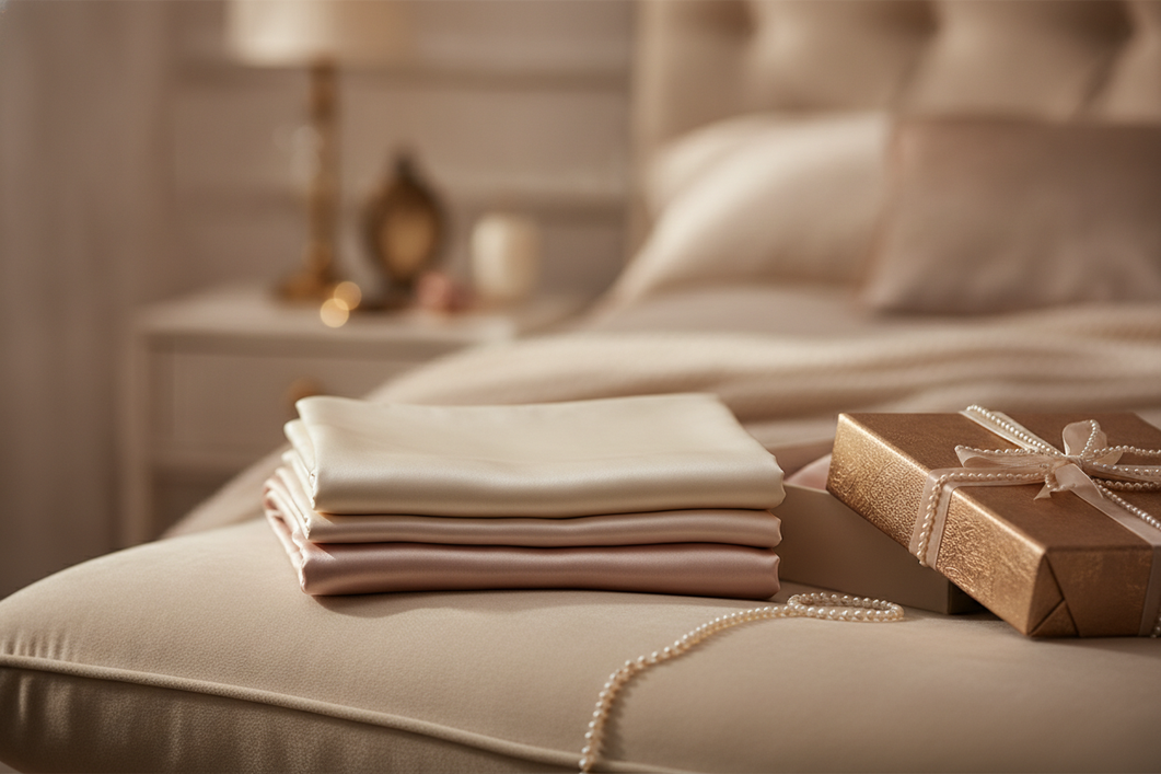 Luxury anniversary silk gift scene with soft fabrics and elegant styling