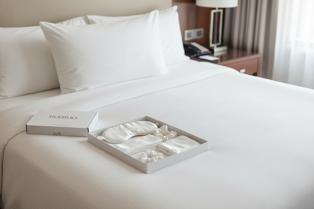 Silk sleep kit items arranged neatly on a hotel bed
