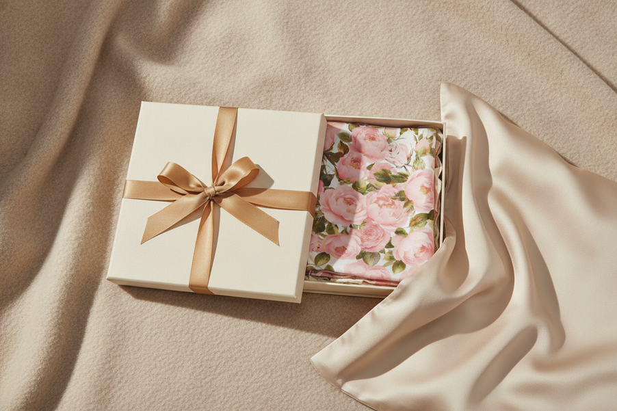 Silk gift set with a scarf and sleep accessories arranged for premium holiday gifting