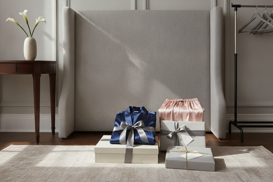 Elegant silk robe and silk pajamas styled as a luxury gift on a refined bedroom setting.