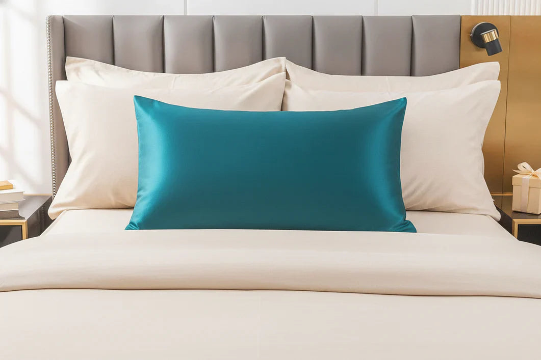 Silk pillowcase on a neatly made bed with gift box