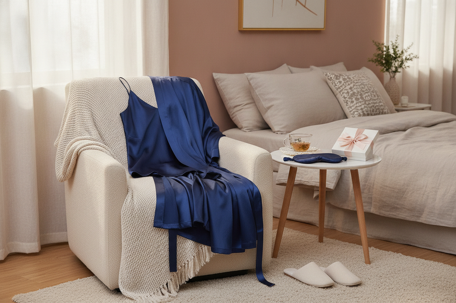 Romantic silk gift styling with a robe, sleepwear, and accessories