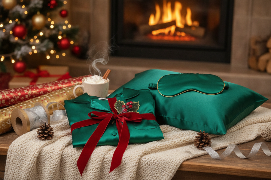 Silk Christmas gifts arranged in a cozy holiday setting with wrapped pajamas, a pillowcase, and a sleep mask
