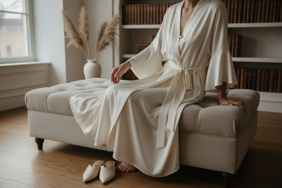 Editorial silk styling scene with restrained accessories in a refined setting