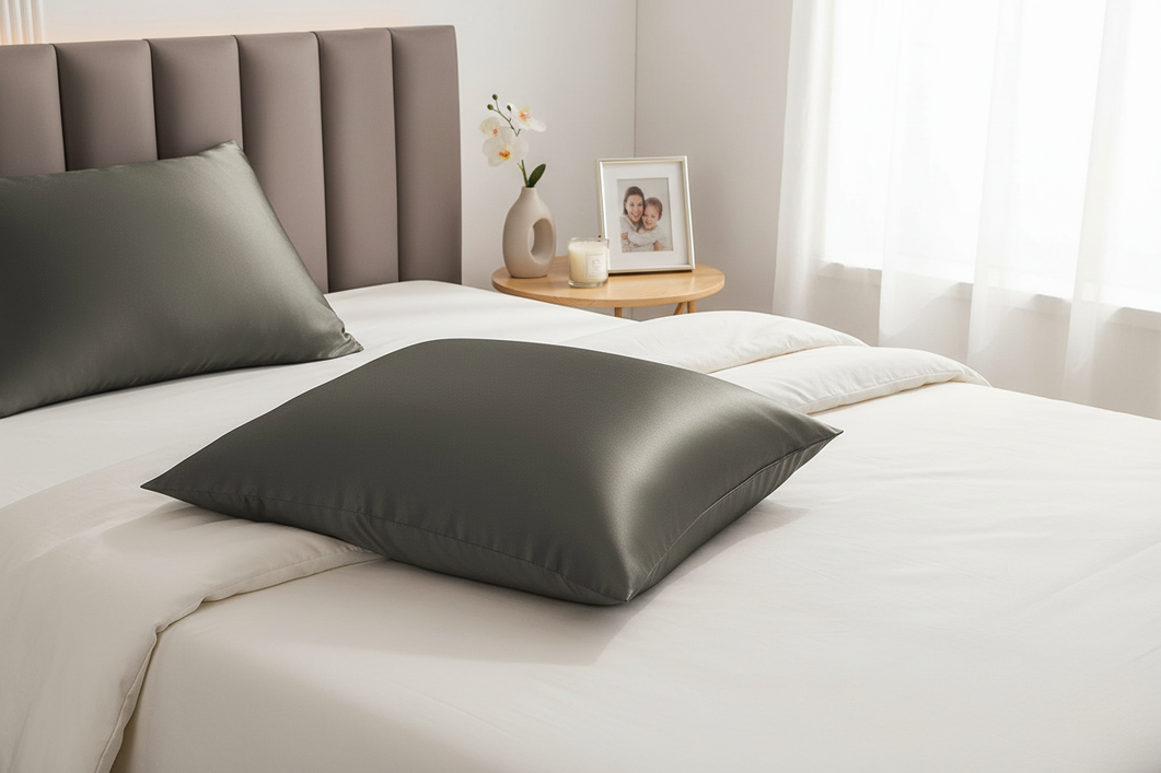 Silk gift for Mom styled on a neatly made bed with soft neutral colors