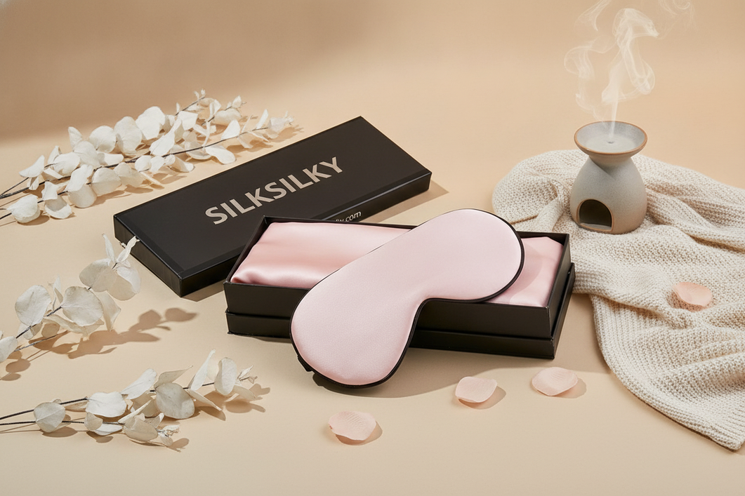 Elegant gift box with silk sleep items styled as a romantic long-distance relationship gift