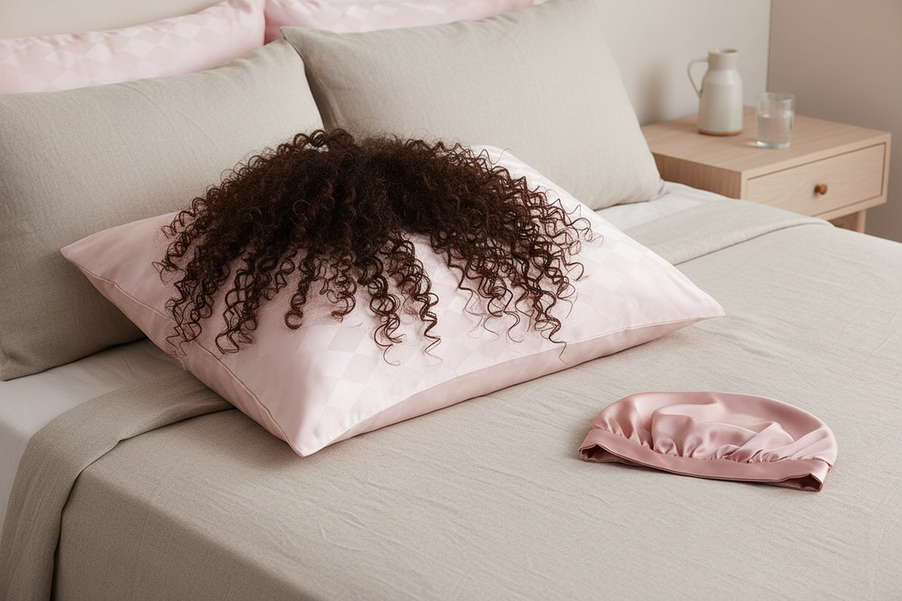 Curly hair resting on a smooth silk pillowcase with a sleep bonnet nearby