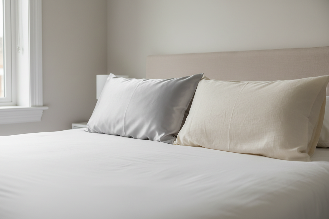Silk and cotton pillowcases arranged on a neatly made bed