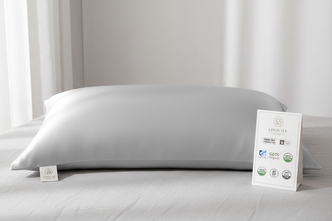 A silk product page with certification badges and a label close-up