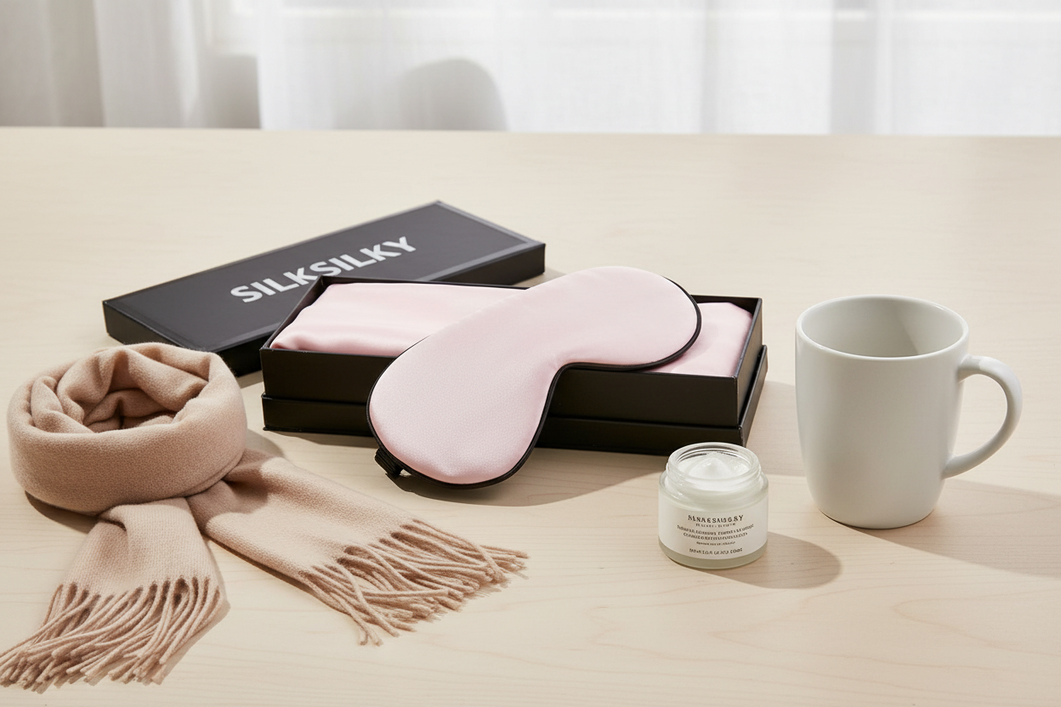 Gift box with silk accessories in neutral colors