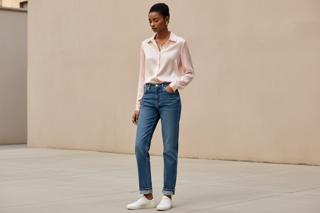 Silk blouse styled with straight-leg denim for a polished casual outfit