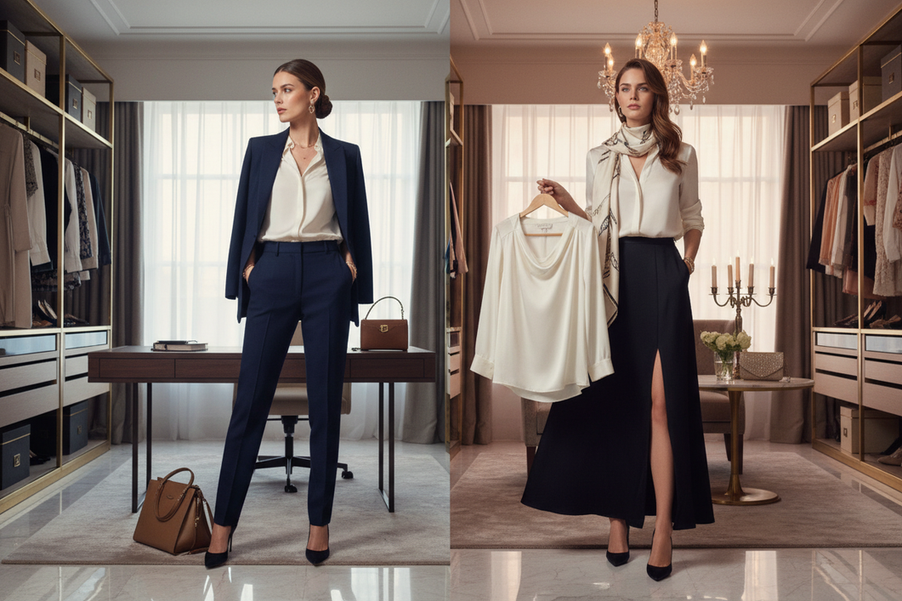 Editorial fashion scene showing a silk top styled from office-ready to evening-ready