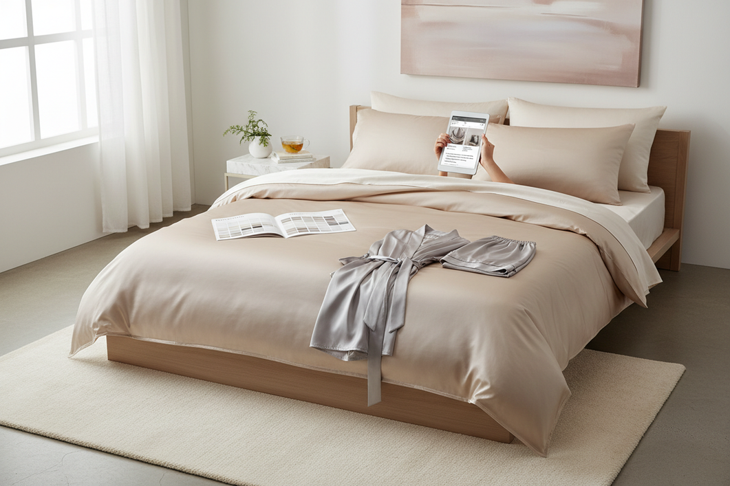 Silk bedding and sleepwear items arranged on a clean bed with a shopping checklist nearby, showing how to compare fabric details before buying silk online.