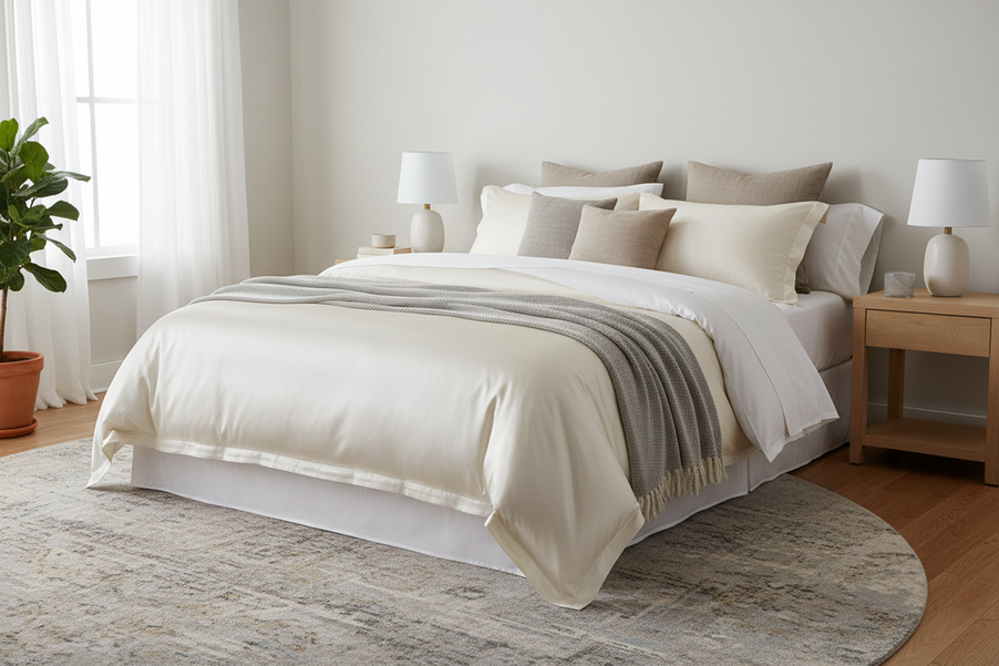 Silk duvet cover on a neatly made queen bed in a bright modern bedroom, styled as a premium bedding hero image