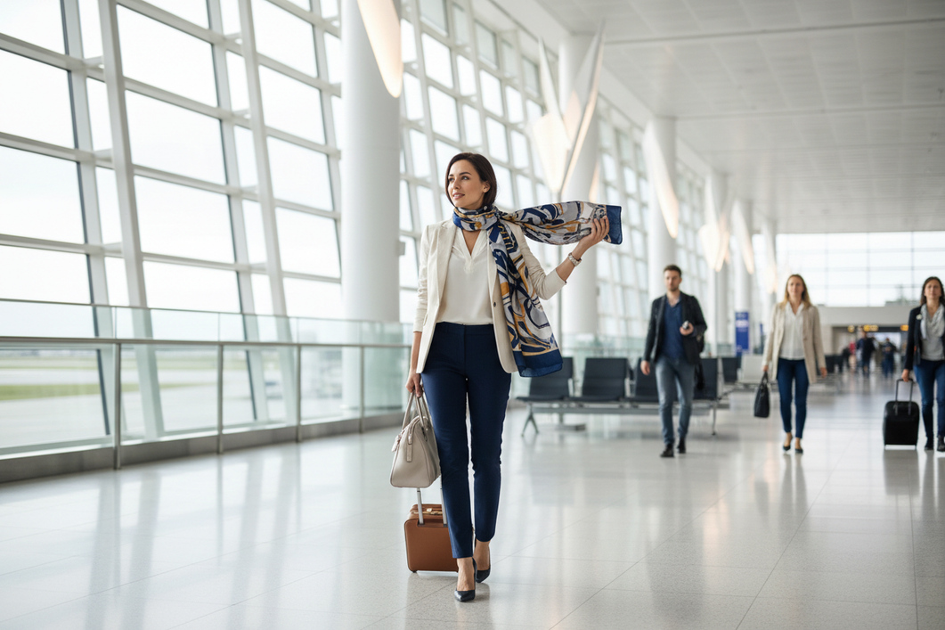 Traveler wearing a silk scarf with a polished airport outfit in a bright terminal