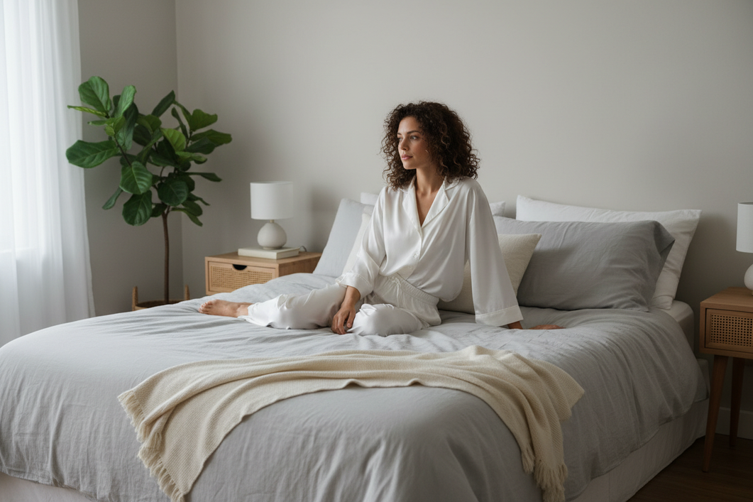 Relaxed silk pajama set styled on a model in a soft bedroom setting, showing an easy sleep fit with room to move
