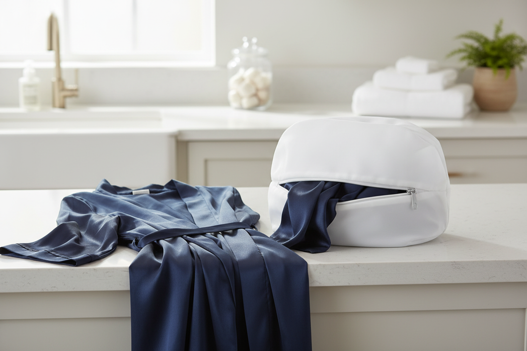 Black silk garment in a soft protective wash bag on a bathroom counter, shown as a delicate laundry care setup.