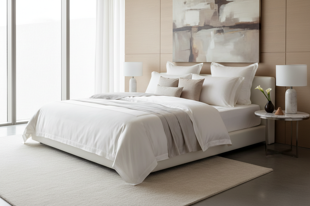 Silk bedding styled on a neatly made hotel-inspired bed in a bright modern bedroom, showing a polished, layered look with coordinated pillows and a smooth duvet finish.