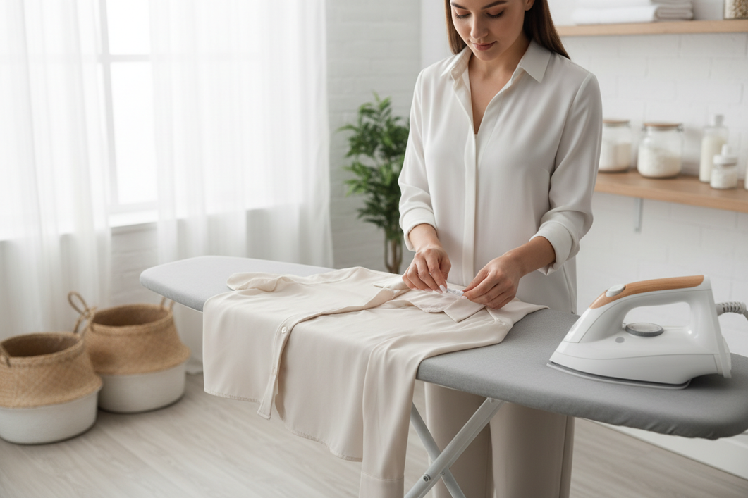 Close-up of a silk garment being checked on an ironing board with a hand holding a care label, showing a cautious home pressing setup