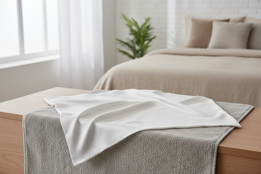 White silk pillowcase neatly washed and drying flat in a bright, airy room