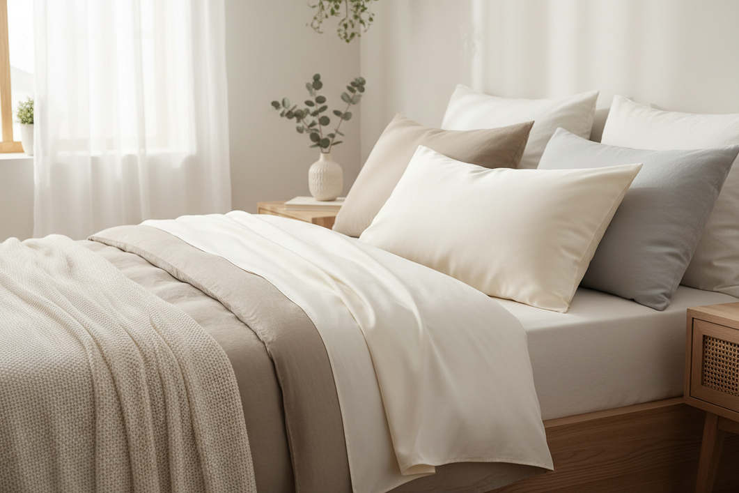 Silk pillowcase spread on a bed showing soft natural sheen after gentle washing
