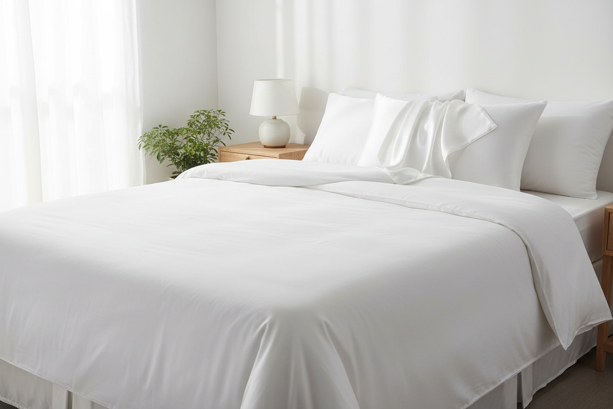 Silk pillowcase laid flat on a neatly made bed with visible clean seams and a smooth finish, shown as a premium bedding item for durability review