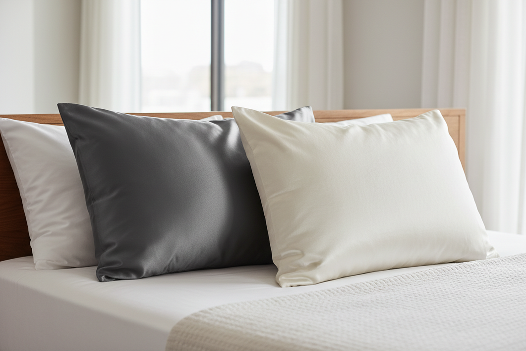 Close-up comparison of a glossy satin pillowcase and a softly lustrous silk pillowcase on a bed.
