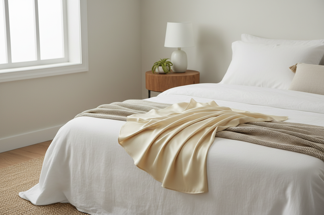 A close view of a folded silk pillowcase on a clean bed with soft natural light, showing a smooth, gently lustrous surface for fabric inspection.