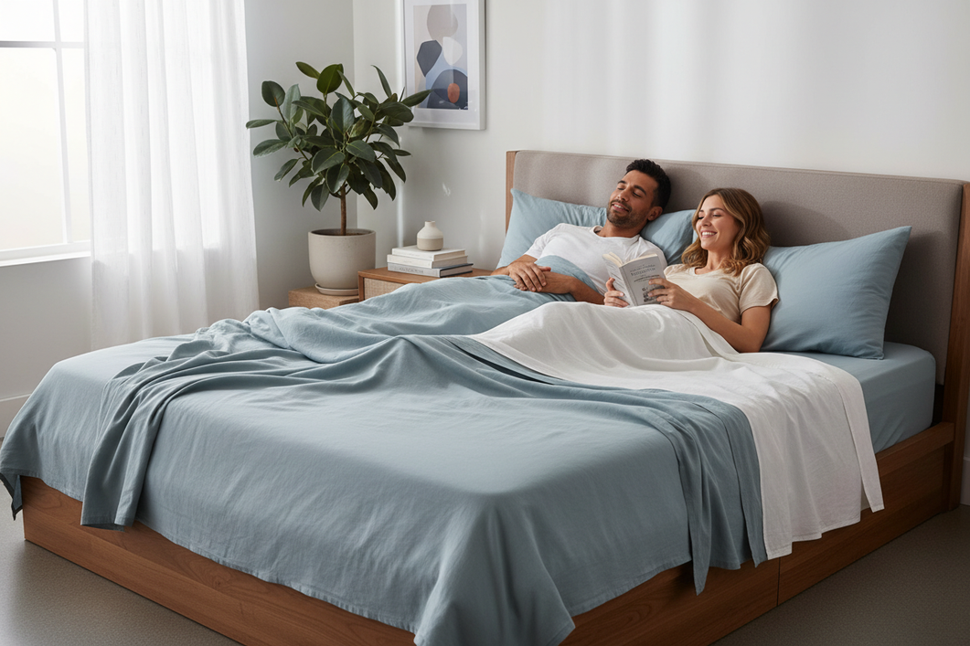 A couple lying comfortably in a neatly made bed with smooth, lightweight bedding in a bright bedroom