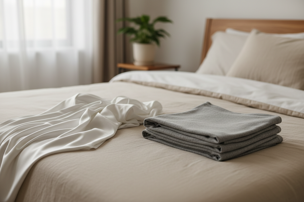 Silk and cotton sleepwear laid out side by side on a bed for a simple fabric comparison