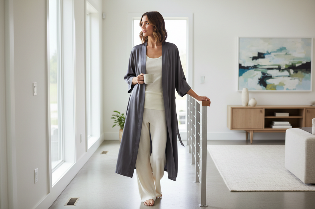 Silk robe styled over simple loungewear in a bright home setting, neat and polished for daytime wear
