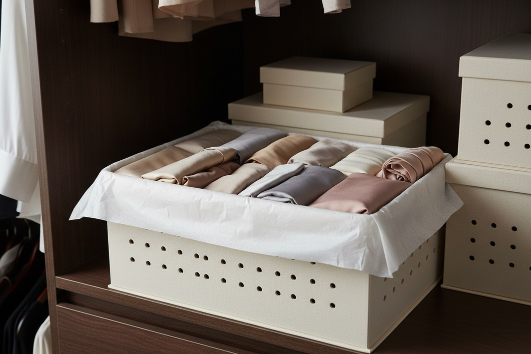 Folded silk clothing stored neatly in a breathable box with tissue paper in a cool, dark closet