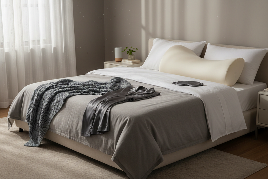 Silk pillowcase and silk sleepwear styled for a side sleeper on a neatly made bed