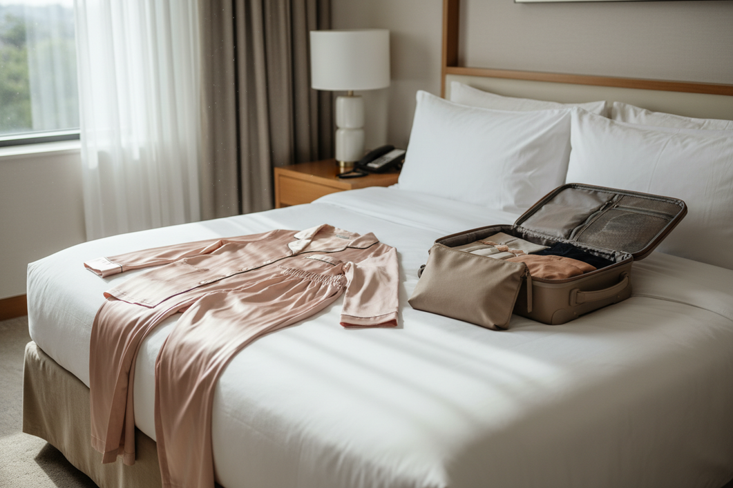 Silk sleepwear on a neatly made hotel bed beside an open carry-on suitcase, styled as a polished travel-ready outfit for a frequent flyer