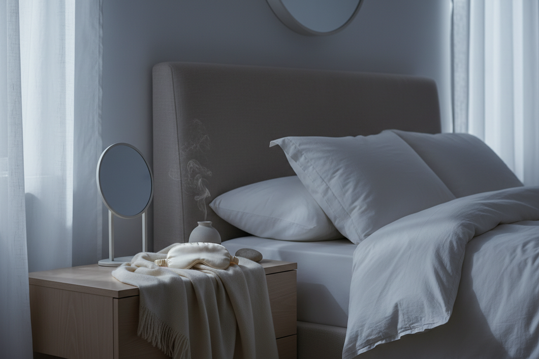 Silk sleep eye mask on a bedside table in a softly lit bedroom, ready for nighttime use