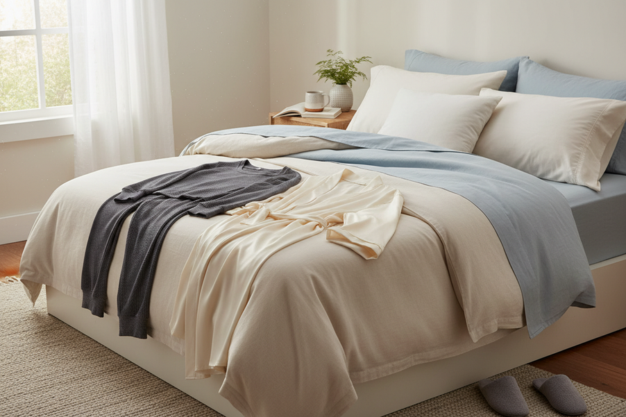 Luxury silk pajama set styled for everyday sleepwear on a neatly made bed