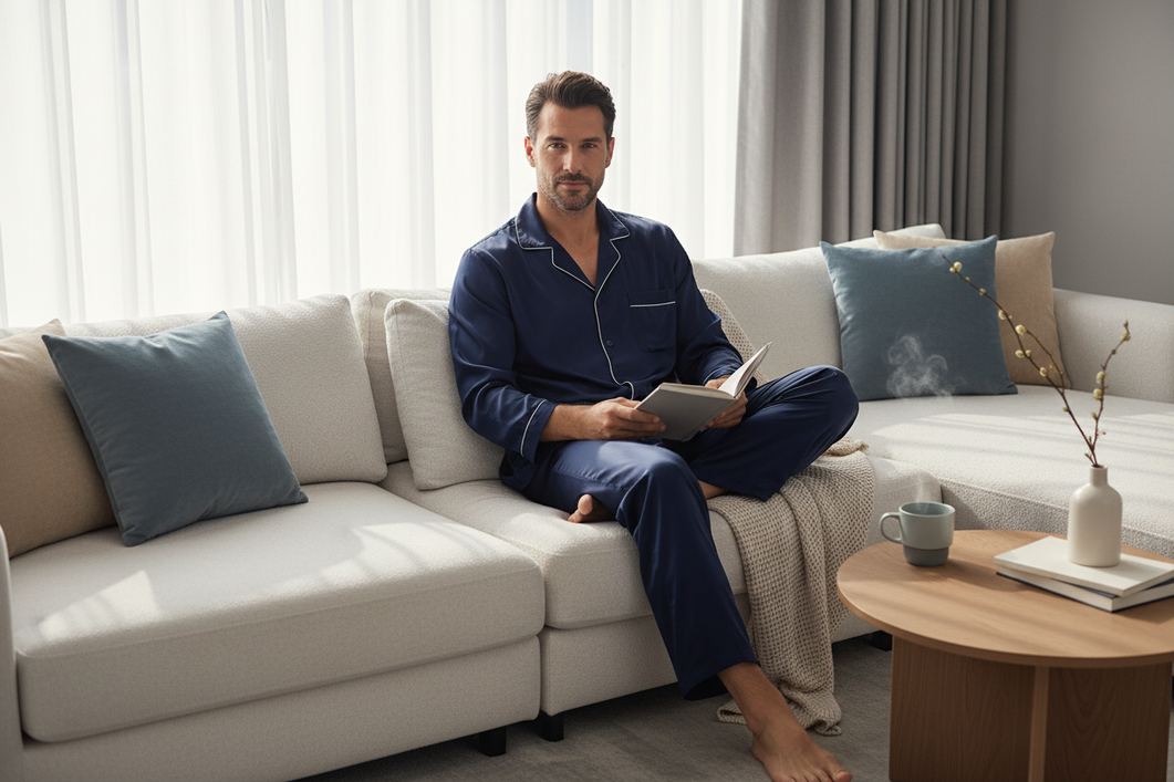 Man relaxing at home in a silk robe on a quiet morning