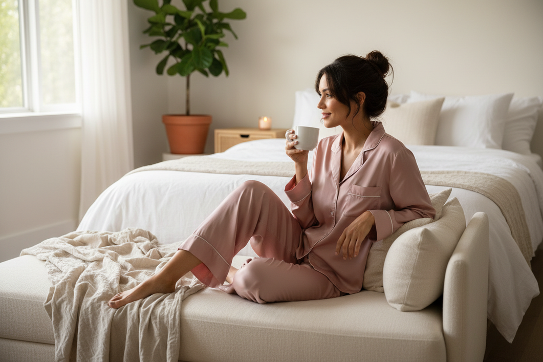 Woman in silk pajamas folded neatly on a bed, showing the overall look of washable sleepwear before purchase