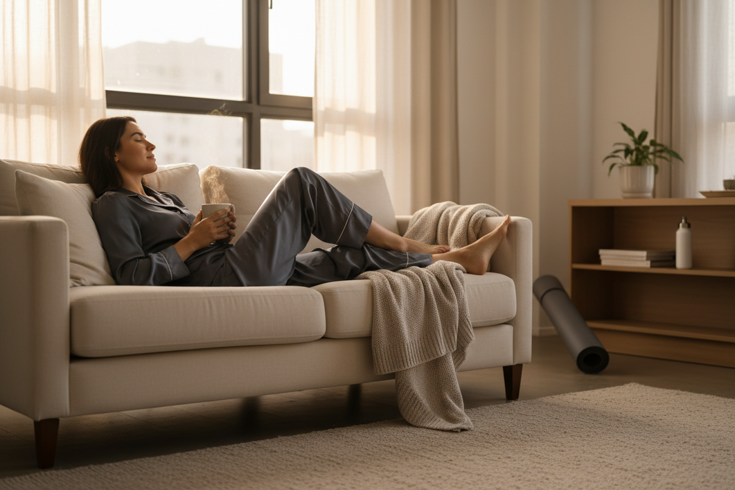 Athlete in silk sleepwear relaxing at home after a workout, comfortable bedtime recovery scene