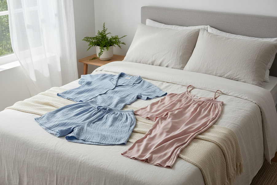 Silk and linen summer sleepwear laid out for a comfort comparison