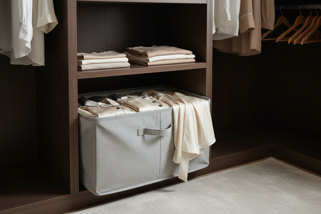 Silk pajamas and a robe neatly folded on a clean shelf in a dark closet