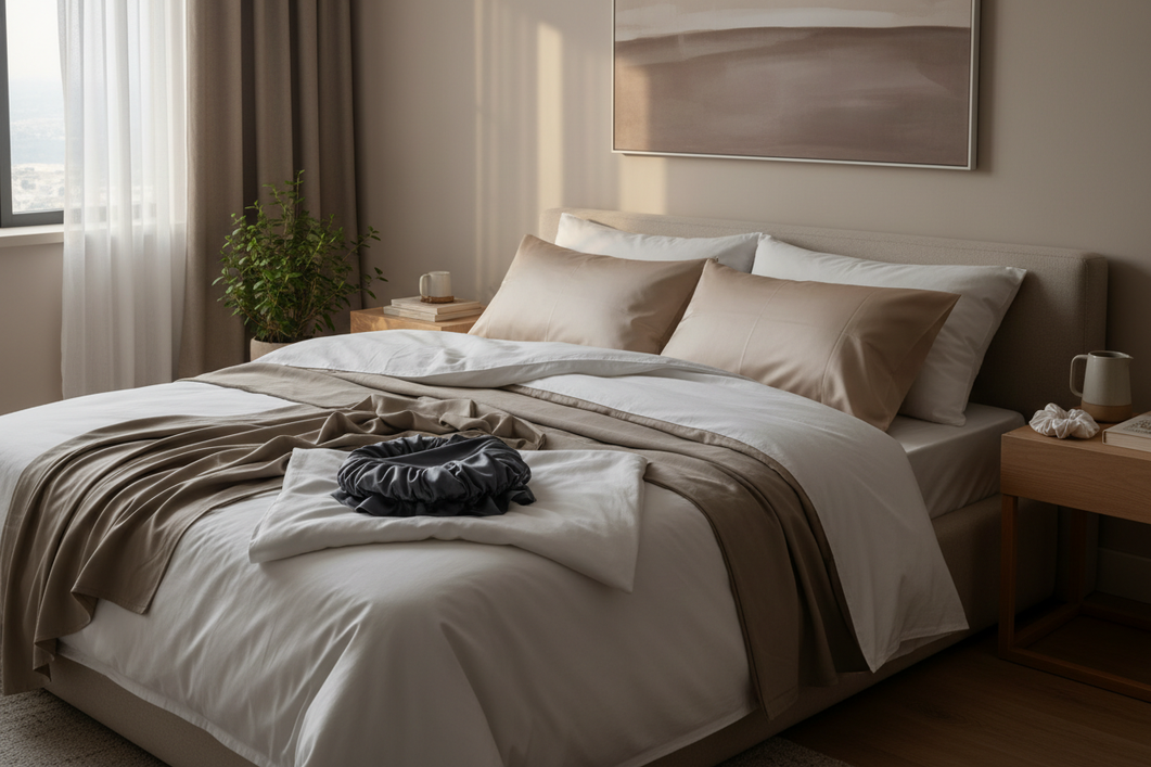 Silk hair care essentials arranged on a bedroom bed for reducing overnight frizz