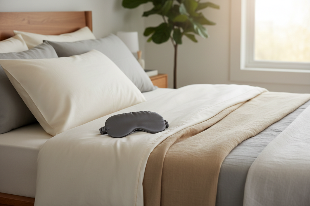 Silk sleep mask and silk pillowcase arranged on a neatly made bed in soft morning light