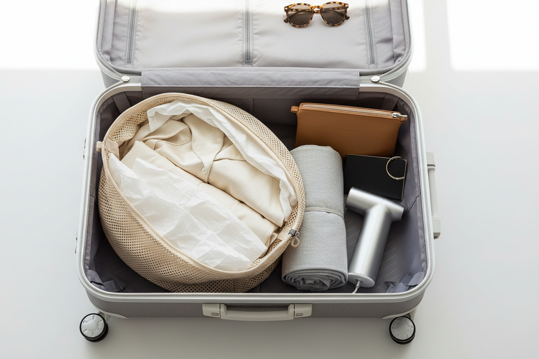 Flat lay of a folded silk sleepwear set in a travel packing pouch with tissue paper and a suitcase nearby, showing wrinkle prevention for a trip