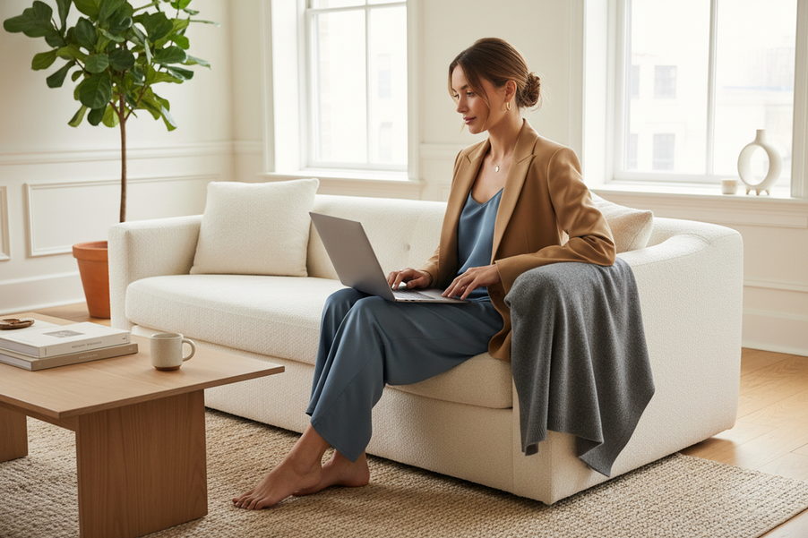 Woman wearing silk loungewear at home for a video call, styled with a structured layer and a simple neutral base for a polished work-from-home look