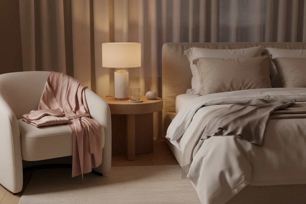 Silk sleepwear on a bedside chair in a softly lit bedroom for menopausal comfort and temperature swings