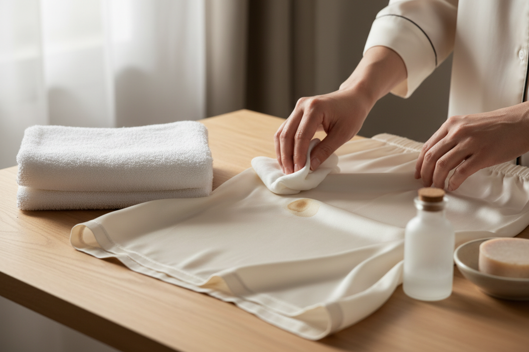 Hand gently blotting a silk sleepwear underarm stain with a white cloth on a soft, light-colored surface